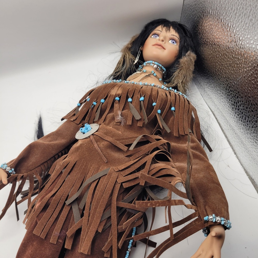 Native American Style Porcelain Doll Fringed Faux Suede Turquoise Beads 20 Inch